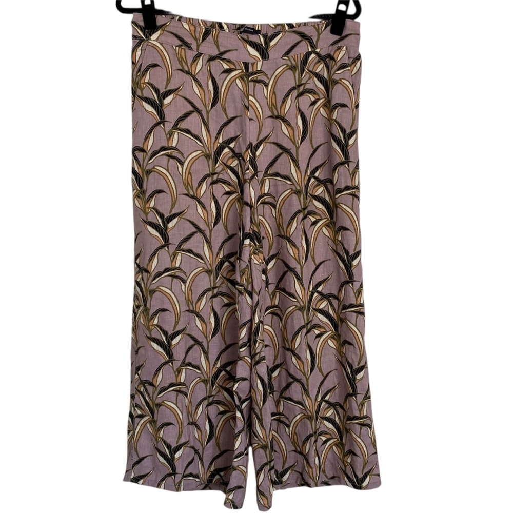 Tahari Linen Pants Women’s L Lavender Tropical Wide Leg Cropped Elastic Waist